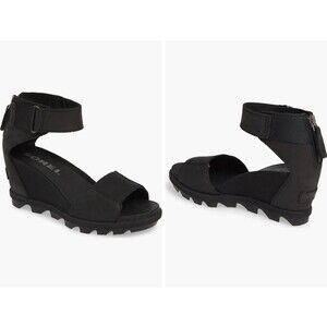 Sorel Joanie II Ankle Strap Wedge Sandal Women's Size 7.5 Black Zipper